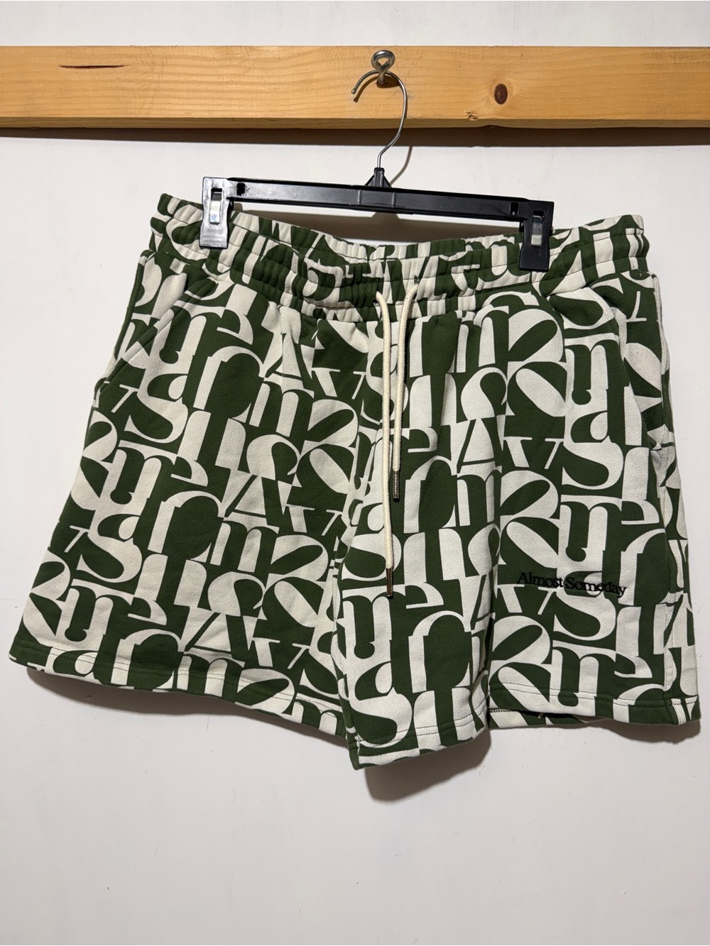 Almost Someday Men's Olive & Cream Typographic Monogram French Terry Shorts XL